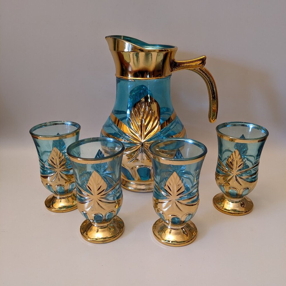 Vintage RARE Imperial Glass Blue & Gold Pitcher Set - Pitcher Jug 4 Goblets